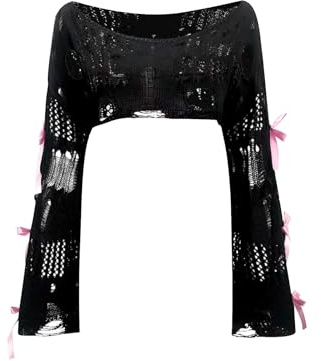 GORGLITTER Women's Hollow Out Sheer Bolero Shrug Long Sleeve Cropped Jumper | Boat Neck, Ripped Crochet Tops, Sexy, Y2k Gothic Top, Crop Jumpers for Going Out, Spring, Autumn