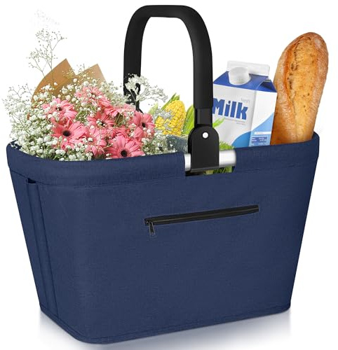 25 l shoppingkorg, vikbar med 2 stödstänger, stabil shoppingväska, familj med aluminiumhandtag, vattenavvisande picknickkorg, praktisk bärkorg, stor för resor, camping, shopping, present – blå