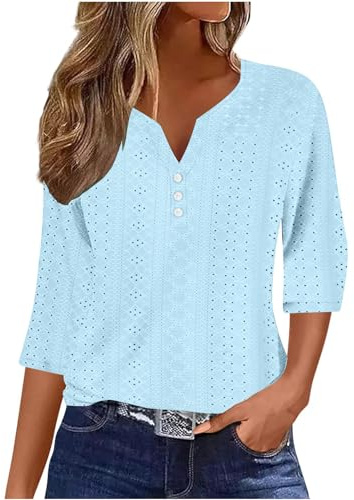 Summer Tops for Women UK - Ladies Blouses Elegant Going Out Eyelet Embroidery Three Quarter Sleeve Tops Hollow Out Casual Business Outfits Tunic Tees Button 3/4 Sleeve V-Neck T-Shirts Light Blue