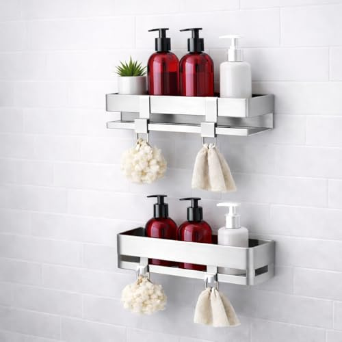 2 Estanterías sin Taladro + 4 Ganchos de Alta Resistencia - Organizador para baño, Ducha, Cocina Adhesivo – Baldas Pared sin Agujeros – Accesorios Modernos para Organizar y Decorar (2 Unidades)
