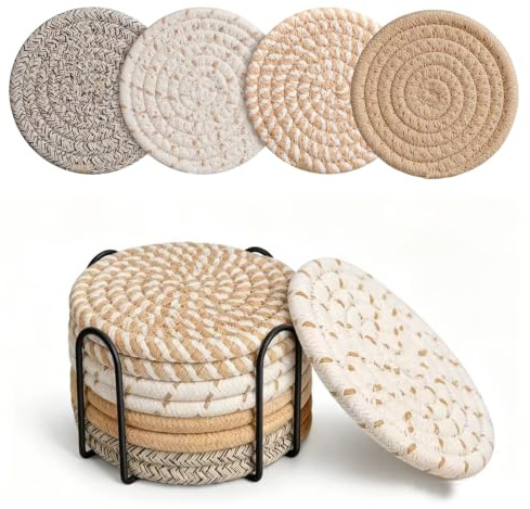Set of 8 Coasters for Drinks, Laopypor Round Woven Coaster Cotton Woven Coaster,Absorbent Drink Coasters,Handmade Fabric Coasters,Water Absorbent Coaster Set with Holder (Apricot)