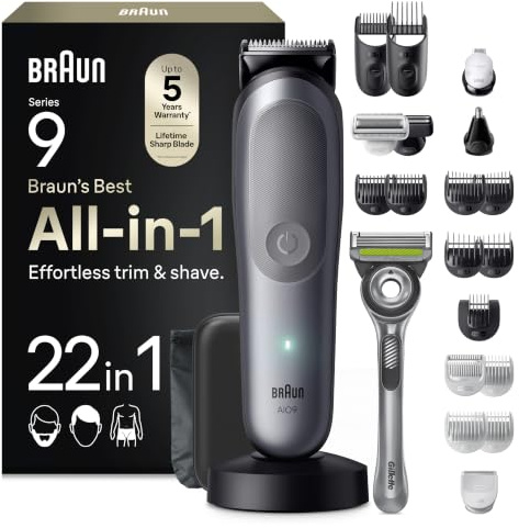 Braun Series 9 All-in-One Grooming Kit for Men, 22-Piece, Grey, AIO9545 | Face, Hair & Body Grooming, Includes Gillette Razor, ProBlade, BodyGentle Mode, SkinGuard, AquaGrip, 120 min cordless Use