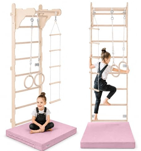 MAMOI Gymnastik-ribbstol för barn (210 cm) | väggmonterade träningsstege | repstege för barn | lekplats i trä för hemmet | gymnastikringar | 100 % ekologisk | tillverkad i EU