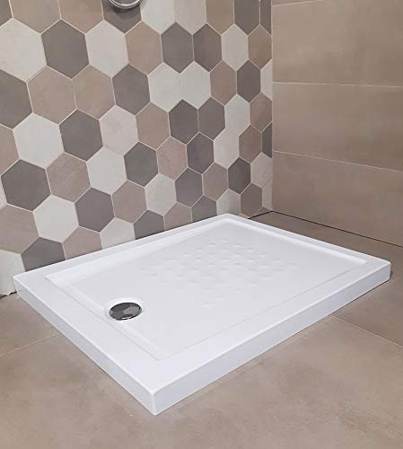 plato de ducha Acrílico reforzado H 5,5 X 80 X 140 cm. Blanco con desagüe Cromada hilo/encima de suelo