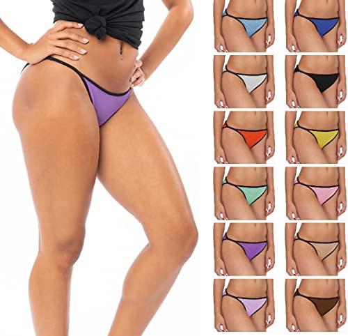 Sexy Basics Womens 12 Pack String Bikini Briefs/Ultra-Soft Cotton/Spandex Stretch No-Show Panties (12 Pack -Dazzling Solids, Medium)
