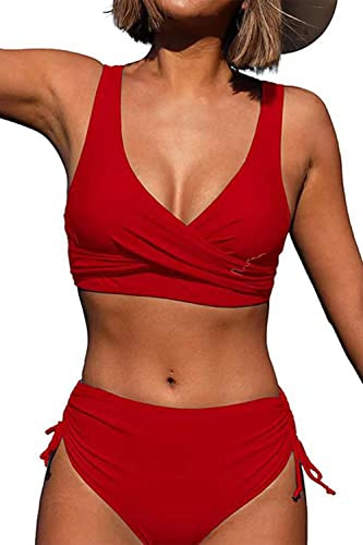 CheChury Womens High Waisted Bikini Set Sexy Push Up Cross Wrap Twist Front Swimsuit Tie Side 2 Piece Solid Bathing Suit Red
