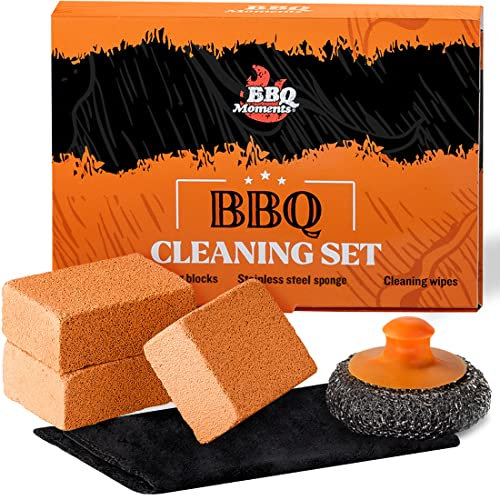 BBQ Moments Piedra Pómez Limpieza 3 Unidades Set, Productos De Limpieza - Piedra De Limpieza Parrilla Barbacoa De Ladrillo & Cepillo Limpiar Parrilla