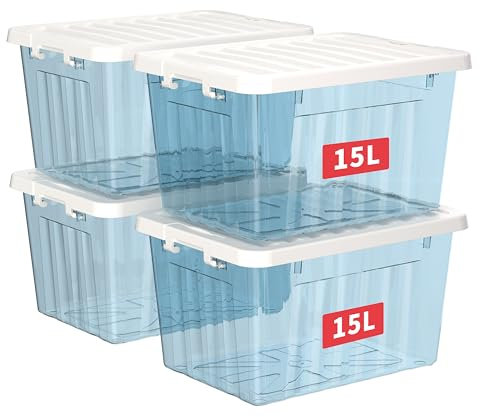 Cetomo 15L*4 Scatole di Stoccaggio con Coperchi, Contenitori in Plastica con Fibbie di Chiusura, Clip On, Impilabili, Incastonabili, Organizzatore a Righe per Casa Ufficio, Blu Chiaro, 15L-4 Pezzi