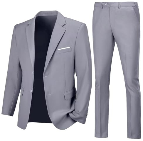 Lynerun Traje Ajustado de 2 Piezas para Hombre, Dos Botones, Solapa con Muescas, Color Liso, Conjunto de Esmoquin para Baile de graduación, Gris Claro, Small