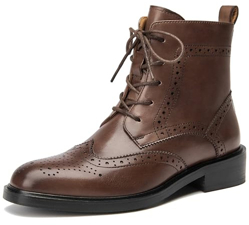 BEAU TODAY Combat Boots Womens Leather Ankle Boots for Women Dress Oxfords Fall Shoes Winter Lace Up Wingtip Brogue Short Booties Coffee US Size 7.5