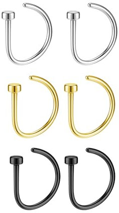 AllerPierce 6 Stück Fake Nasenring 20G 8mm Nasenpiercing Septum aus Edelstahl Piercingschmuck für Lippe Tragus Knorpel Helix Gold Silber Schwarz