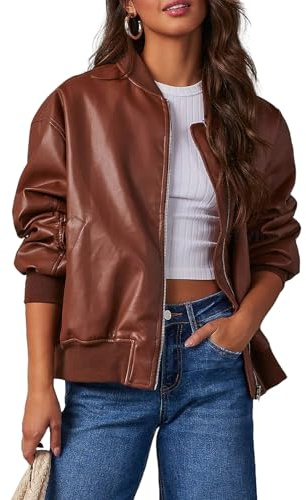 TOSHIKII Giubbotto Bomber in Pelle da Donna, Cappotto in Pelle da Motociclista da Volo da Donna, Giacche College in Ecopelle con Risvolto