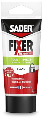SADER FIXER Sans Percer Tous Travaux Intérieur/Extérieur Blanc - Mastic Colle Hybride, Collage Puissant, Tous Matériaux, Peut se Peindre, Tube 50g