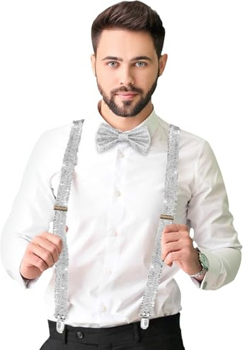 Tulov Set de 2 piezas de pajarita y corbata con purpurina para hombre, traje brillante para hombre, tirantes de lentejuelas para carnaval, accesorios de fiesta temática, plata