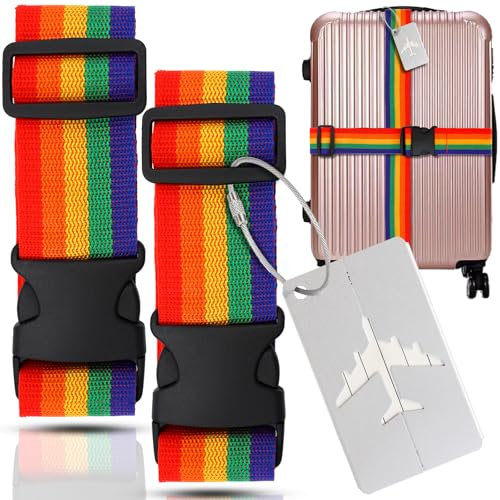 Koffergurte 2 Stück+ 1 Kofferanhänger Flugreise, Verstellbarer Koffergurt, 2 Bunte Kofferbänder, Auffälliger Kofferbandgurt zum Schnellen Identifizieren und Schützen Ihres Gepäcks(2 Stück)