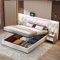 TaiEnjoy Polsterbett 180 x 200 cm Doppelbett mit Hydraulisch anhebbarer Bettstauraum, Elegantes Samtbett mit LED und USB-Steckdose, Jugendbett mit großer Rückenlehne, Beige