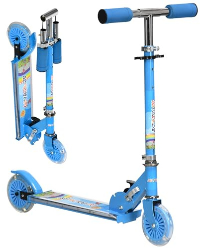 HOMCOM Monopattino per Bambini 3-7 Anni Pieghevole, Monopattino 2 Ruote, Altezza Regolabile, Scooter per Bambina con Luci LED, Musica e Ponte Antiscivolo, 67x32x65/70/75/78 cm, Portata 50Kg, Blu
