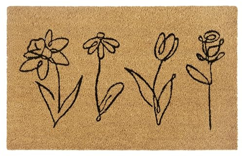 Hanse Home Felpudo de Fibra de Coco Antideslizante Natural para Interiores, Felpudo Line-Art Flowers Fibra de Coco para Pasillo, Entrada y Exterior Cubierto, 40 x 70 cm