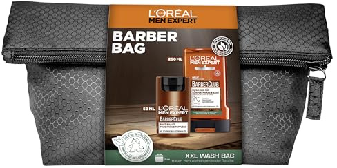 L'Oréal Men Expert Set per la cura della barba da uomo, set regalo con crema viso, gel doccia e beauty case, regali da uomo con olio di legno di cedro, Barber Club, 1 x 50 ml, 1 x 250 ml
