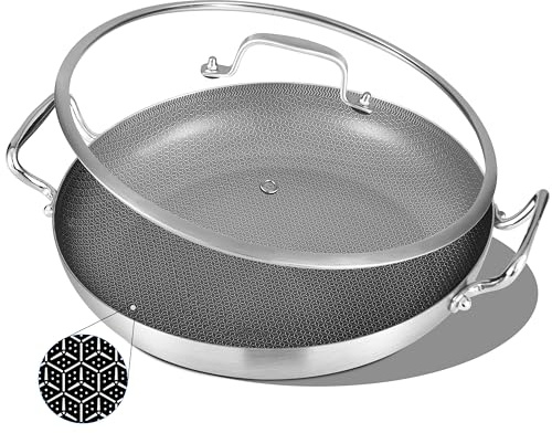 Inqibee 13-Incn Hybrid Tri-Ply Stainless Steel Ceramic Non Stick Paella Pan with Lid,Griddle,Large Skillet,Induction Cooking Pan,Dishwasher and Oven Safe