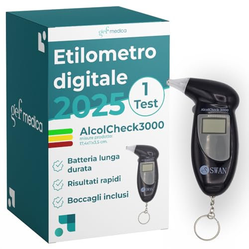 gef + medica - Etilometro Digitale AlcolCheck 3000, Test Rapido del Tasso Alcolemico, Display LCD, Allarme Sonoro, Facile da Usare, Risultato in Pochi Secondi, Compatto e Portatile (1)