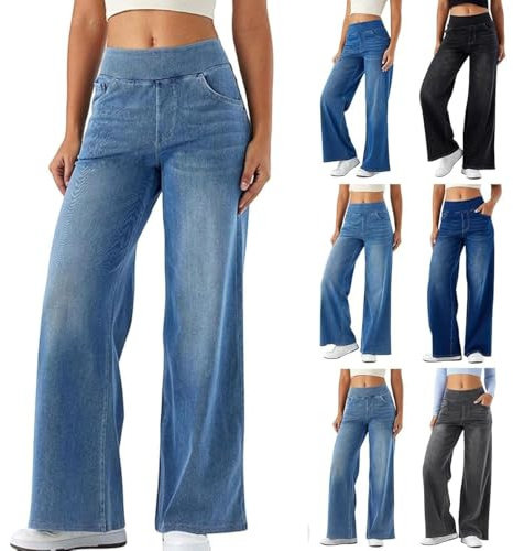 Pantalón Vaquero para Mujer de Cintura Alta y Pierna Ancha, Holgados y Elásticos con Bolsillos - Estilo Deportivo