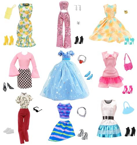 26 Puppen Kleidung und Zubehör Kompatibel mit 11,5 Zoll Puppen Modischer Stil 1 Blaues Abendkleid 1 Rosa Paillettenanzug 1 Eleganter Karorock 1 Blauer Idol Rock 4 Kleider 1 Blumenanzug