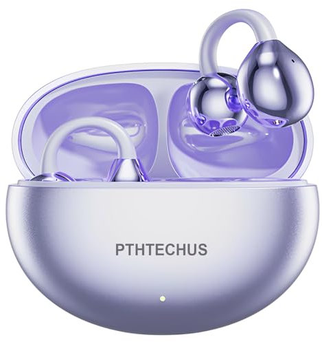 PTHTECHUS Audífonos Inalámbricos Bluetooth de Clip, Audífonos Deportivos 12mm Diafragmas con ENC, 30H Reproducción, IPX5, Compatibles con iOS Android 5.4 Open-Ear, Llamadas nítidas (Morado Brillante)