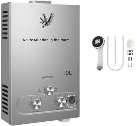 PEIXU 10L Scaldacqua a Gas Propano GPL 20KW Argento Riscaldatori di Acqua a Gas Liquefatto Butano,Scaldabagno Istantaneo Senza Serbatoio con Kit Doccia,per Campeggio,Camper,Casa