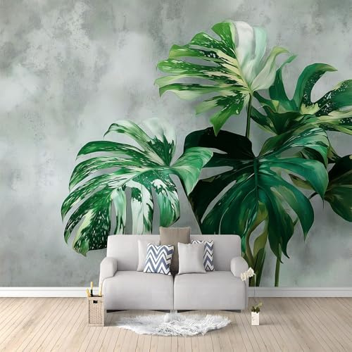 Light Gray Panoramic Custom Photo Wallpaper Wall Mural 79 x 55 inch (W x H), Surrealism Elegant Monstera Photo Wallpaper 3D Effect - Poster Decoration for Bedroom Living Room Corridor