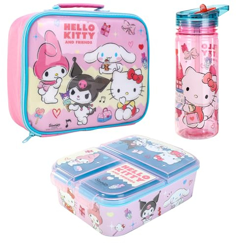 Hello Kitty & Friends Kids Childrens Lunch Box Set – Insulated Lunch Bag, Multicompartment Lunch Box & 580ml Water Bottle - School Travel Lunch Food Set, BPA Free