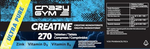 Kreatin – Nahrungsergänzungsmittel mit Kreatin-Monohydrat, Vitamin D3, Vitamin B6 & Zink – 270 Tabletten – Praktischer als Kapseln. (Zuckerfrei)