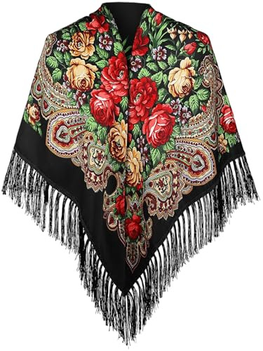 Robe flamenco pour femme - Châle floral - 130 x 130 cm - Carré traditionnel à franges - Châle floral rétro ethnique - Accessoires de mode