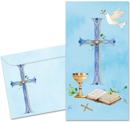 Tree-Free Greetings Cross and Dove First Communion Card - 1 Recycled 3.7x7 Money Holder Card & Matching Envelope, Thick Cardstock, Made in USA - Picturesque Holy Moment