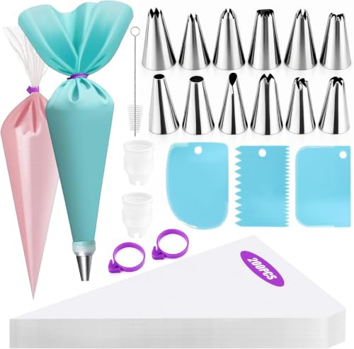 220-teiliges Spritzbeutel- und Tüllen-Set – 12 Edelstahl-Spritztüllen, 200 Einweg-Spritzbeutel, 1 wiederverwendbarer Silikon-Spritzbeutel, 3 Schaber, 1 Pinsel, 2 Beutelbinder und 2 Verbindungsstücke