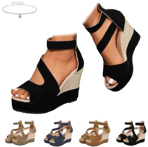 Sandalias de cuña ortopédicas para mujer, sandalias de cuña de verano con tacón alto con cremallera en la espalda, para boda, fiesta, Negro , 39 EU Large