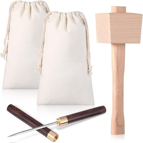 Jnchdghwa Juego de Bolsas de Hielo Reutilizables de Lona (4 Unidades) con Martillo de de Madera y Mazo para Bolsas de Hielo, Ideal para Bares y Coctelerías.