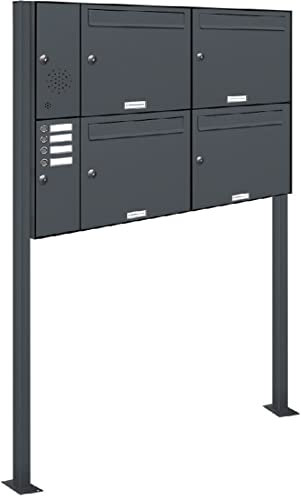 AL Briefkastensysteme 4er Standbriefkasten Anthrazitgrau RAL 7016 mit Klingel als 4 Fach Briefkastenanlage in Postkasten Briefkasten Design modern