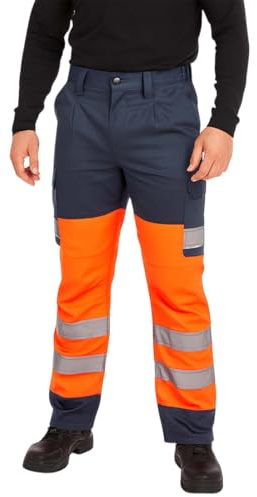 DURUS WORKWEAR Workwear Hi Vis Visibility Polycotton Cargo Work Trousers | Plain & 2Tone Safety Pants - Short Regular & Tall Leg Length Options Orange/Navy