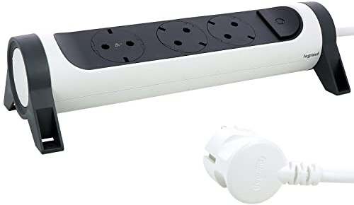 LEGRAND, Multiprise rotative, 3 Prises, Montage Mural ou sur Table, Interrupteur Marche/arrêt LED, câble de 3 m, Ultra Blanc/Gris foncé, 694535
