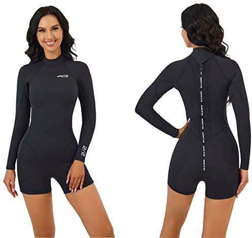 MWTA Womens Shorty Wetsuit, 2mm Neoprene Long Sleeve Swimsuit with Back Zip, Offers UV Protection, Wetsuit for Diving Snorkeling Swimming Surfing, Size 4