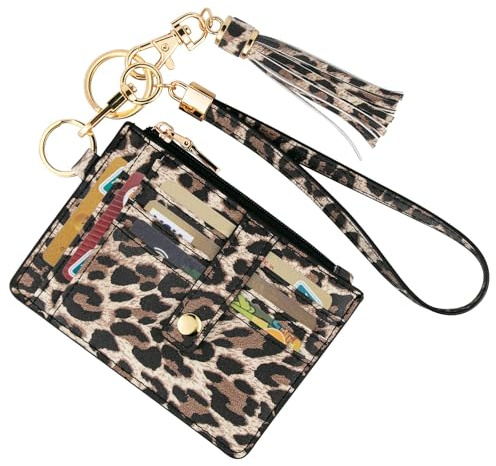 KNGITRYI Geldbörse Damen Klein RFID – Kartenetui mit Reißverschluss, Schlüsselanhänger & abnehmbarem Wristlet – Mini Portemonnaie Damen mit 8 Kartenfächern & Ausweisfenster(Leopardenmuster)