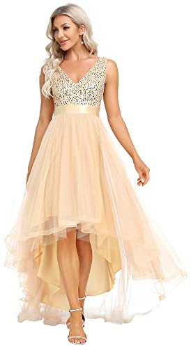 Ever-Pretty Damen Cocktailkleider Pailletten Asymmetrisch Bodenlang Ärmellos V-Ausschnitt Tüll Rückenfrei Elegant Gold 44EU