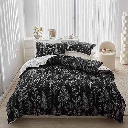 WUMIUER - Juego de ropa de cama de 135 x 200 cm, 2 piezas, color negro y blanco con estampado botánico, reversible, de microfibra, 1 funda nórdica de 135 x 200 cm y 1 funda de almohada de 80 x 80 cm