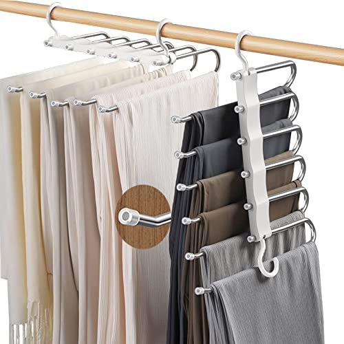 JOOVCC 6 in 1 Trouser Hangers Space Saving, 2 Pack Space Saving Hangers for Wardrobes, Non-Slip Closet Organizer for Scarfs Jeans Clothes Trousers Towels (White)