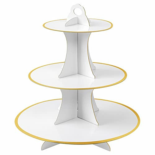 Soleebee Alzata per torte in cartone, 3 ripiani, supporto per cupcake, porta muffin, accessorio per feste, matrimoni, compleanni, feste, torte, panini, torte (1 pezzo, bianco + oro)