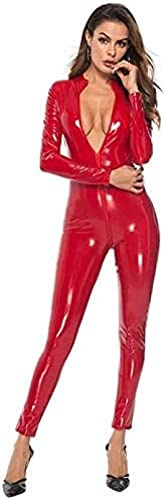 Women Patent Leather Bodysuit Sexy Clubwear Bodysuit Adult Cosplay Costumes Motorcycle Dancewear,Red,X-Large