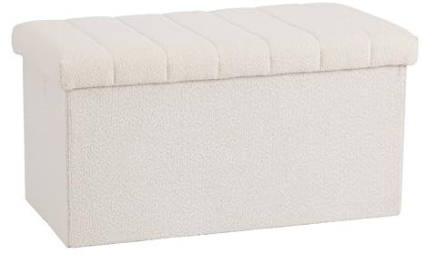 Seville Classics Cushioned Fabric Ottoman Hidden Storage Chest Footrest Chair, Padded Seat for Bedroom, Dorm, Loft, Living Room, Entryway, Hallway, White Boucle, 30 Bench