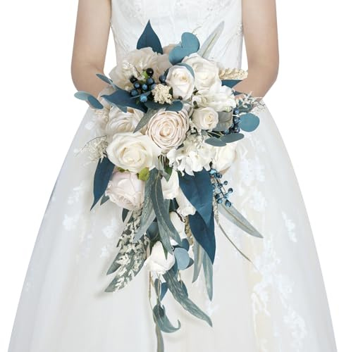 Bouquet de Mariage 9 Pouces - Fleurs Artificielles Romantiques en Cascade pour Mariée, Demoiselle d'Honneur - Roses à la Main pour Décor de Mariage, Bleu