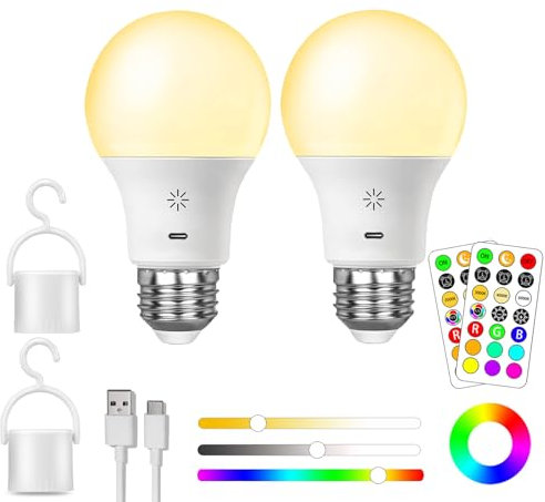 USB C Batterie Ampoule Rechargeable Avec Télécommande, E27 Ampoule Intelligente RGB, 9+3 Températures de Couleur, LED Dimmable Touch Control Ampoules avec Fonction de Timing, 2600mAh, 8W, A19,2 pack